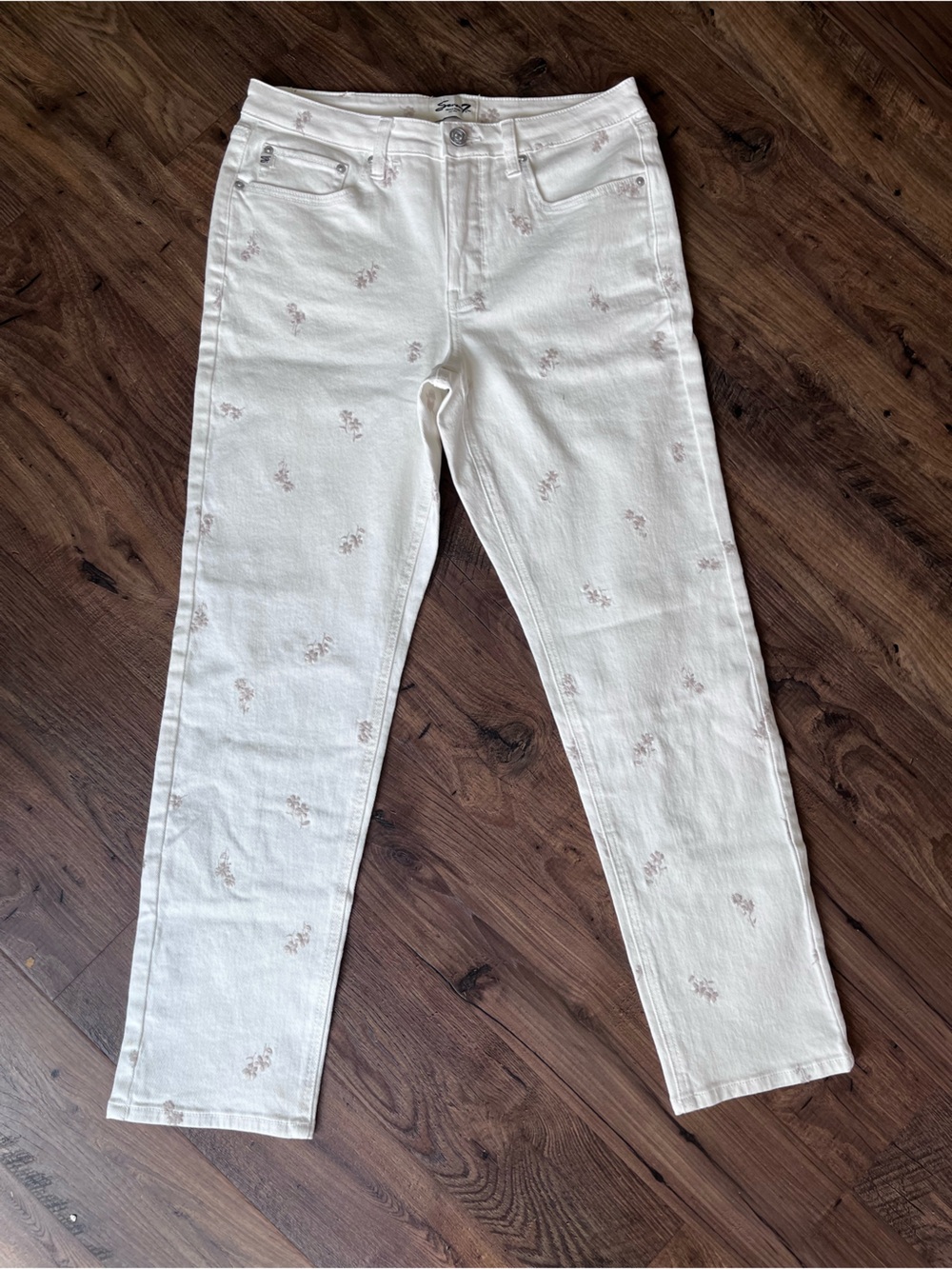 Seven7 Straight Leg White Jeans with Pink Floral Embroidery